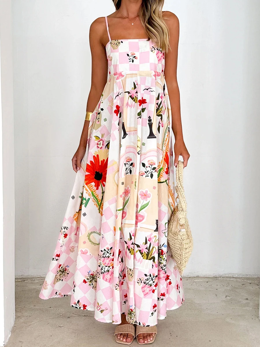 Women's Summer Long Cami Dress Sleeveless Open Back Floral Print Spaghetti Strap Dress