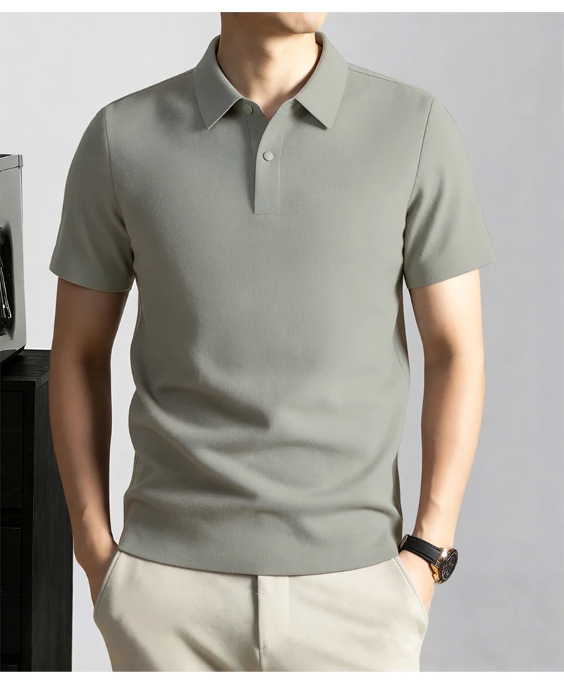 Modisches, einfarbiges Kurzarm-Poloshirt aus luxuriöser atmungsaktiver Eisseide für Herren Sommer Business Casual, bequem, vielseitig, T-Shirt – Detail 20