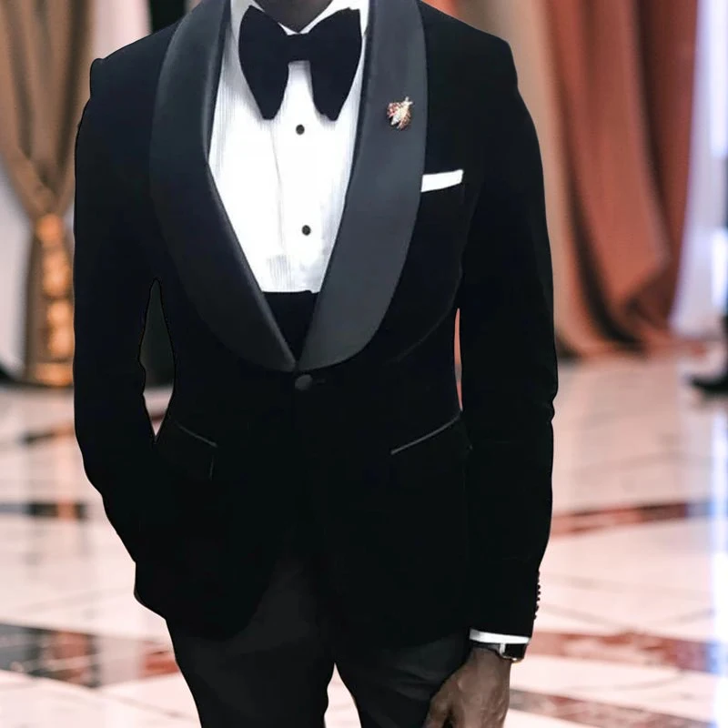 

Black Velvet Wedding Tuxedo 3 Pcs African Men Suits for Prom Slim Fit Groom Male Fashion Costume Jacket Waistcoat with Pants