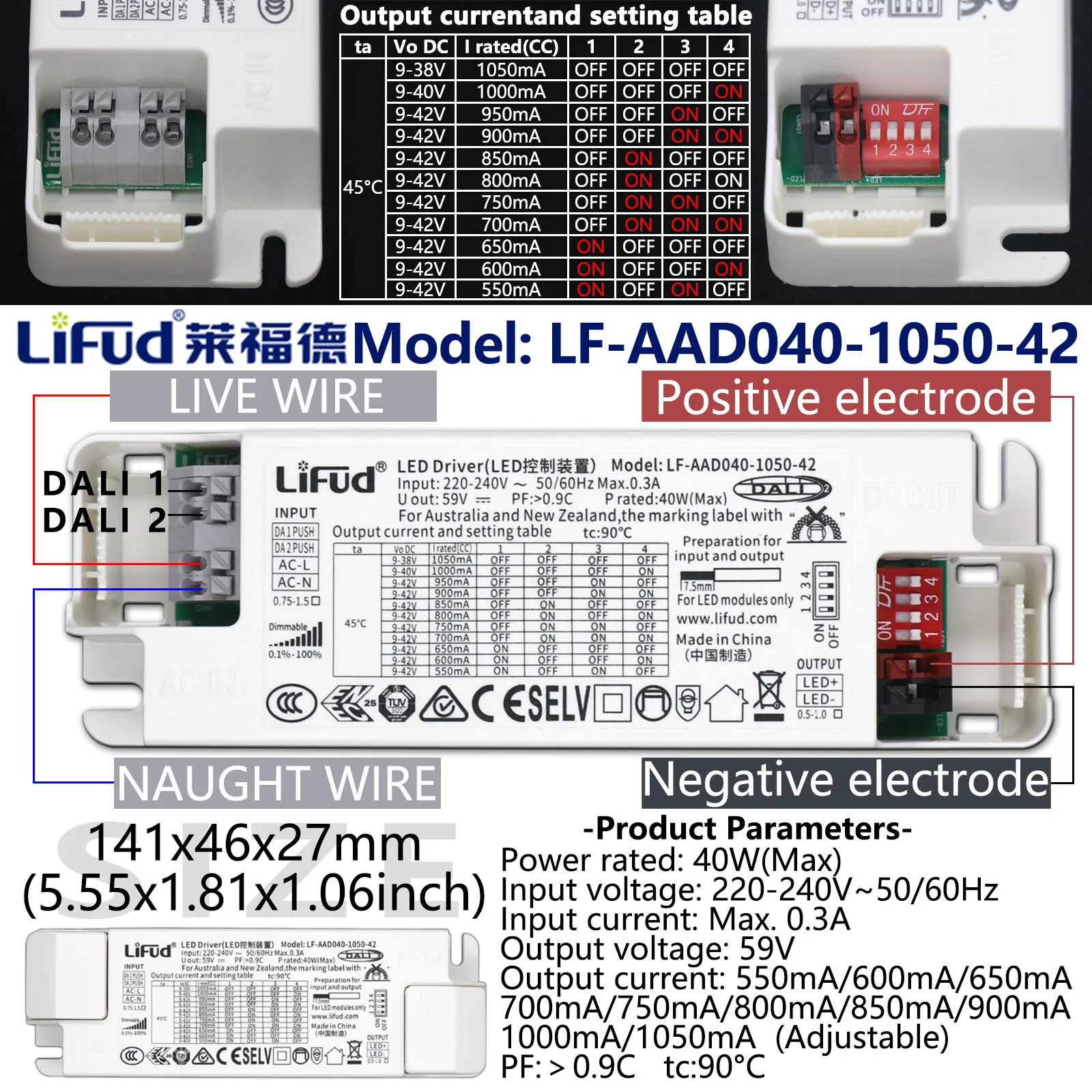 LiFud 8.4W 21W 31.5W 40W DALI CC Dimming Driver AC220-240V Power Adaptor DC9-42V LED Power Supply 100-1050mA Current Tunable