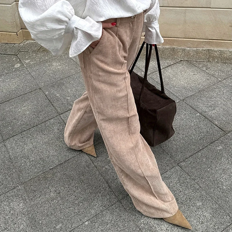 Retro Wide-leg Pants Loose Casual Trousers For Women Pure Cotton Corduroy Pants 2025 Autumn New Fashion Commuting Female