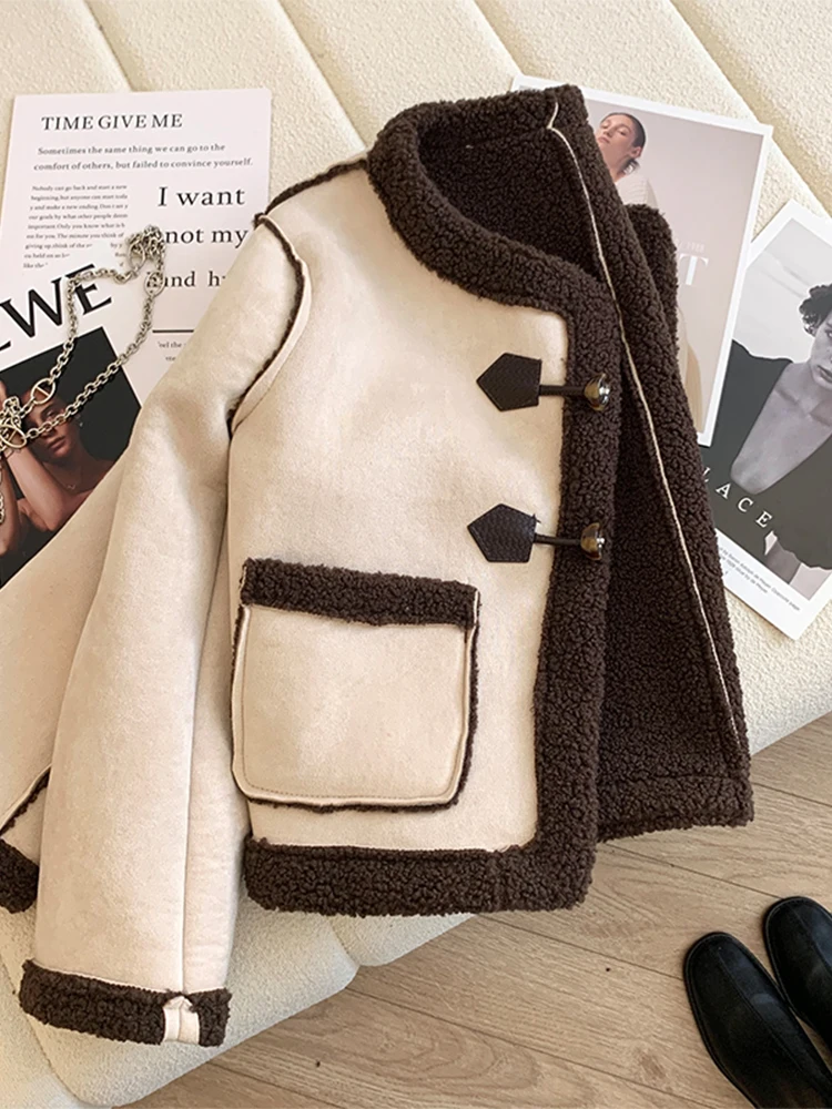 Women\'s Brown Faux Sheepskin Fake Leather Patchwork Jacket Parkas Thicken Warm Fleece Teddy Coat Vintage 2000s Winter Overcoat