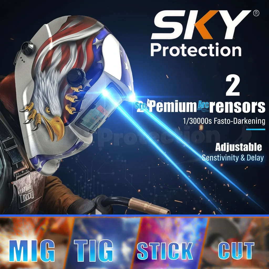American Flag Auto Darkening Welding Helmet Full Face Welder Hood Adjustable Welding Mask for MIG TIG ARC Garage Automotive DIY Metalworking