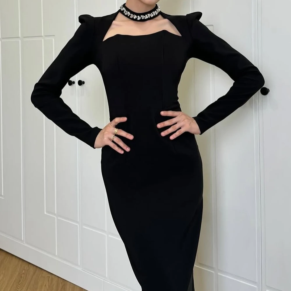 Customized Straight Evening Dresses Tea-length High-neck Full Sleeve Prom Gown Simple Fashion Crystal Casual Party Gown