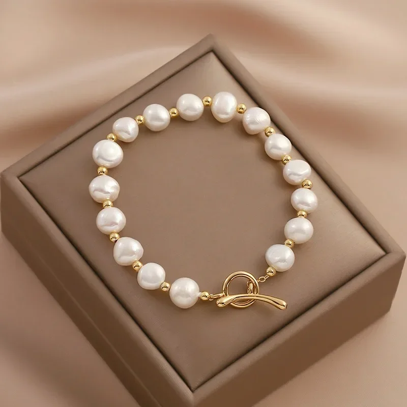 Minar Trendy Baroque Freshwater Pearl Beaded Bracelet For Women Real Gold Plated Copper OT Toggle Clasp Strand Bracelets