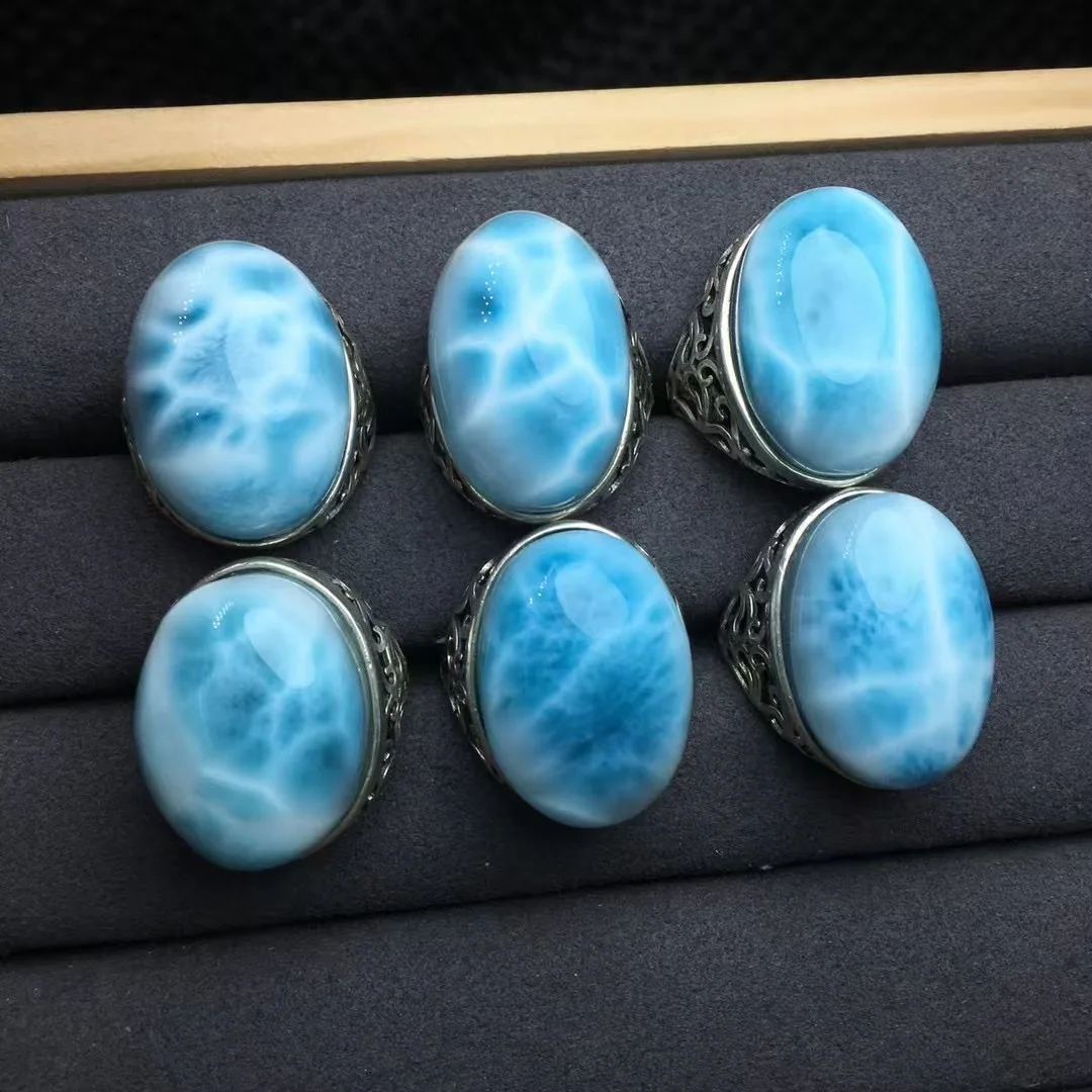 1Pc Fengbaowu Natural Dominican Republic Larimar Ring Oval Cabochon 925 Sterling Silver Reiki Healing Stone Jewelry Gift For Men