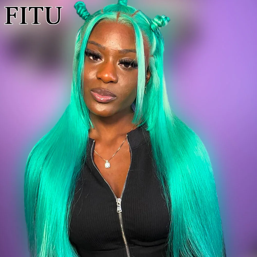 

FITU Green Transparent 13x6 13x4 Lace Frontal Human Hair Wig 613 Colored Plucked With Baby Hair 5x5 Lace Closure Wig