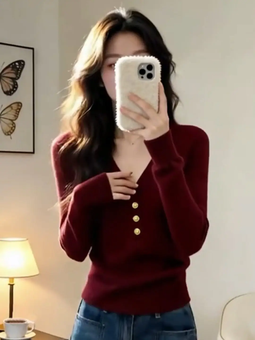 

Красный винтажный свитер Aosphere для женщин, осенне-зимний, вязаный, с V-образным вырезом, на пуговицах, свободного кроя, комфортный