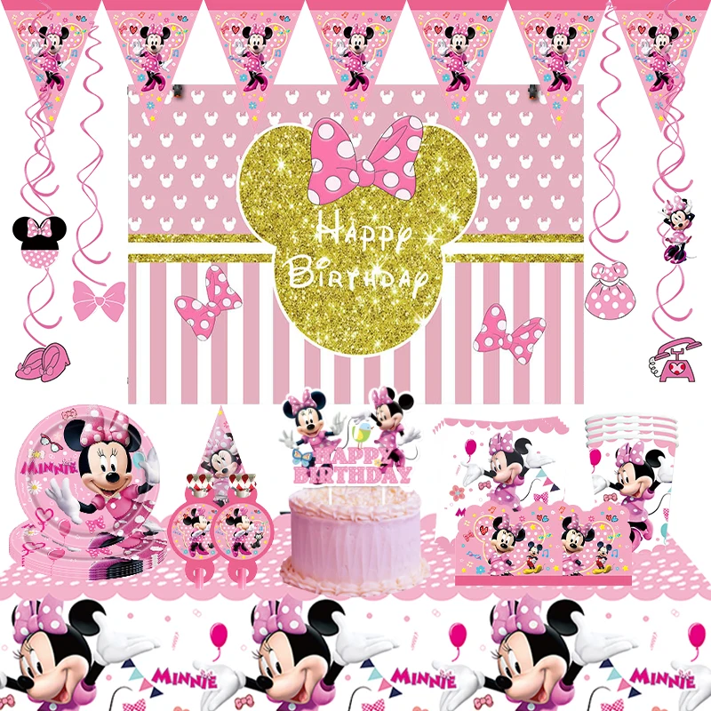 Disney Minnie Mouse Decorazione festa di compleanno Rosa Minnie Stoviglie Bicchiere di carta Piatto Tovaglia Palloncino Forniture Regalo Baby Shower