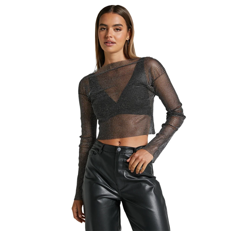 

Halloween Evening Club Party Sparkly Tops For Women Diamonds Cropped Top Outfits Y2k Accessories Hollow Out Glitter Fishnet Tops