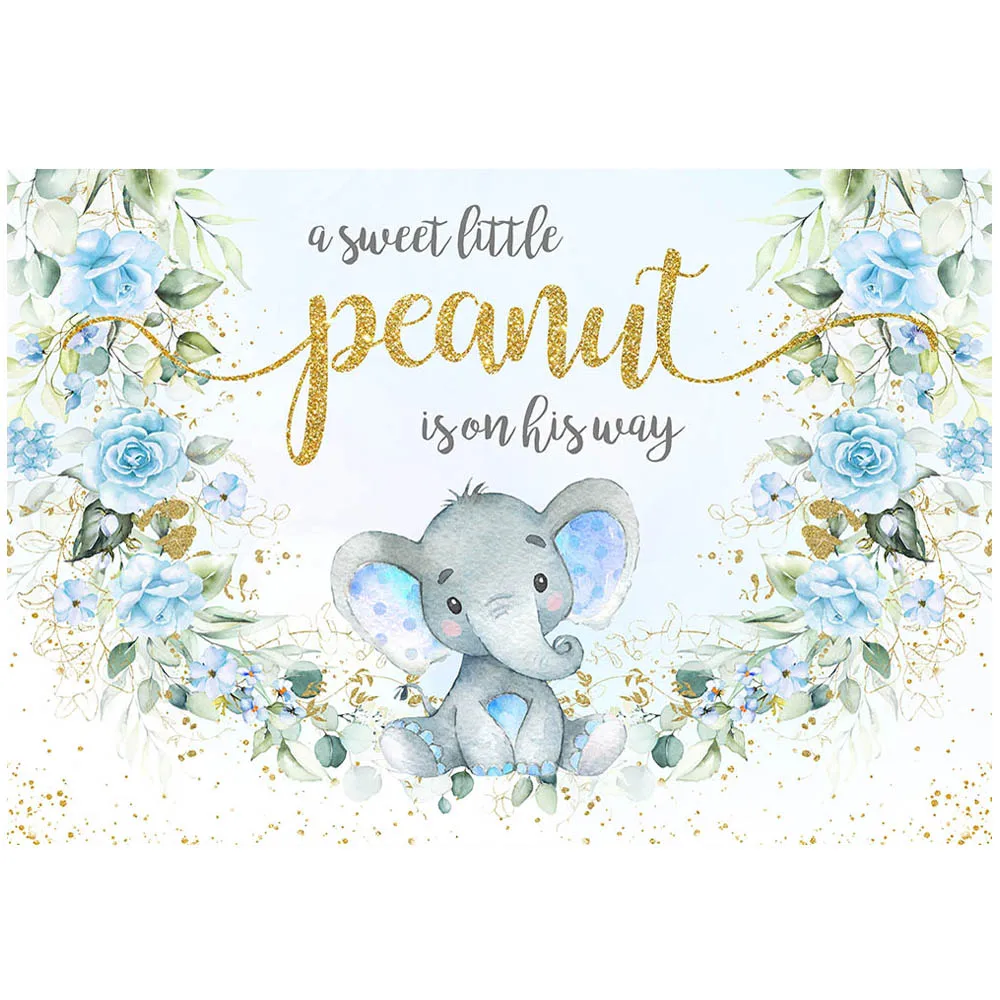 Mocsicka-新生児の出生前のパーティーの背景、青い象、甘い小さなピーナッツ、男の子の誕生日、洗礼、写真の背景、花の装飾