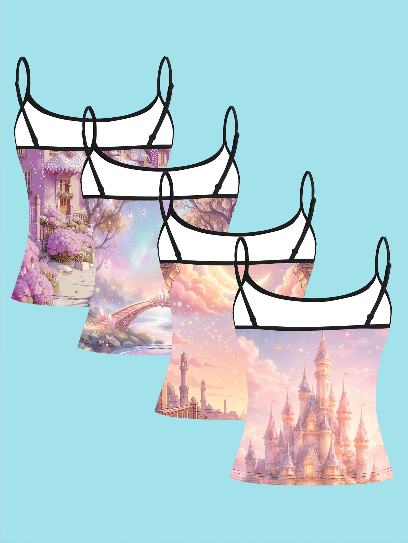 4-Piece Set of Purple Fantasy Starry Sky Castle Camisole Set with Moonlight Fairy Castle Pattern, Women's Slim-Fit Base Tank Top