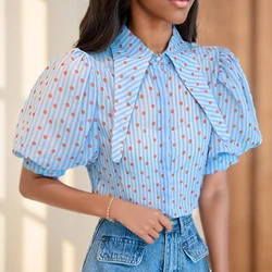 Fashion Summer Polka dot Print Elegant Shirts Loose Turn down Collar Short Puff Sleeve Blouses Vintage Casual Blue Tops 27484