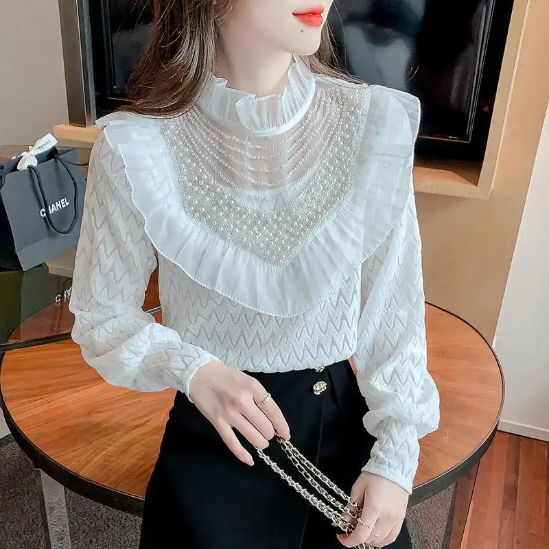 Autumn 2024 Women\'s New Splicing Stand Collar Embroidered Flares Lace Fashion Solid Color Minimalist Casual Long Sleeve Blouses