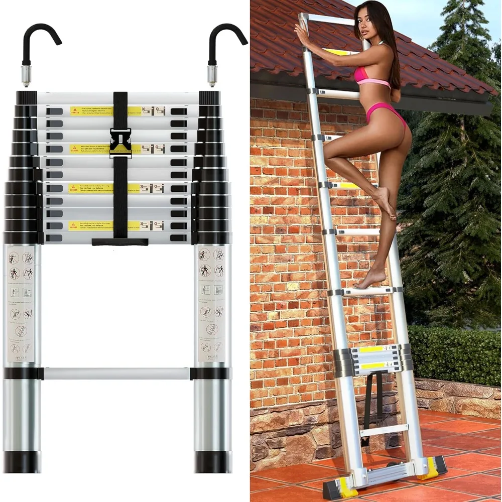 12.5 FT, Aluminum Extendable Ladder with 2 Detachable Hooks, Retractable Telescopic Extension Ladder for Indoor Or Outdoor,