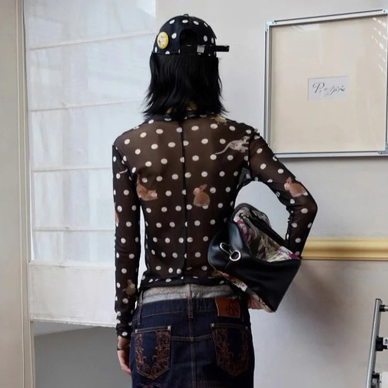 كل جديد وصول المرأة تنوعا الحيوان البولكا نقطة طباعة شبكة شير الخصر تحديد طويلة الأكمام البنطال القصير شيك الشارع الشهير #5