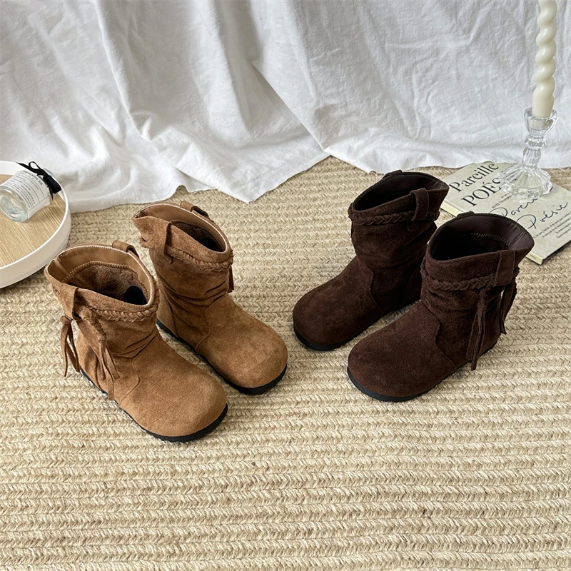 

New Children's Retro Leather Boots Spring Autumn Braided Tassel Girls Short Boots Causal Solid Color Non-slip Kids Fashion Boots