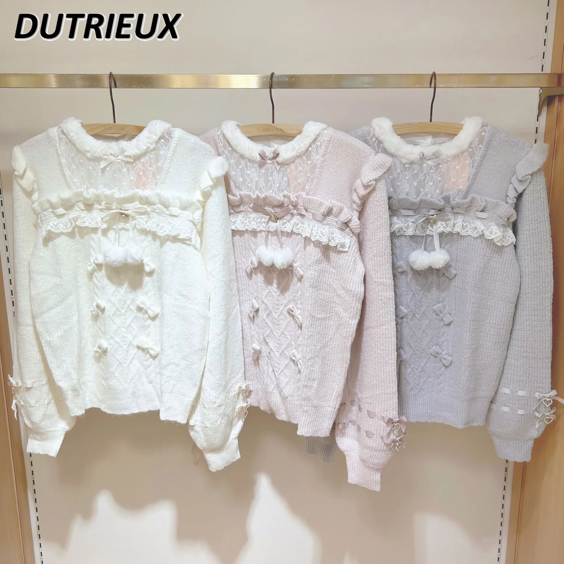 Japanese Style Women's Sweaters Top Autumn and Winter Popular Bow Lace Ruffle Edge Sweet Cute Long-sleeved Pullover Sweater