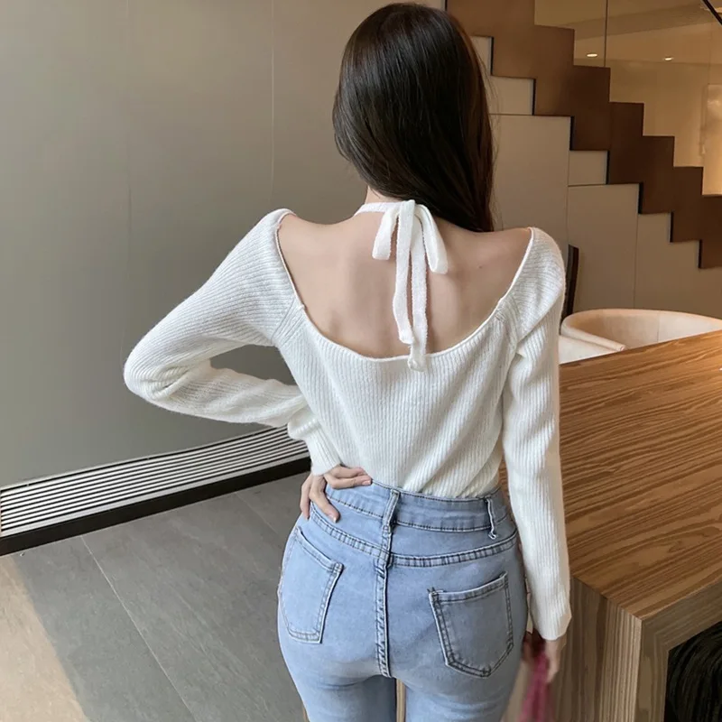 Women\'s Knitted Sweater Halterneck Off Shoulder Pullover Slim Fit Button Down Autumn Winter Outfits