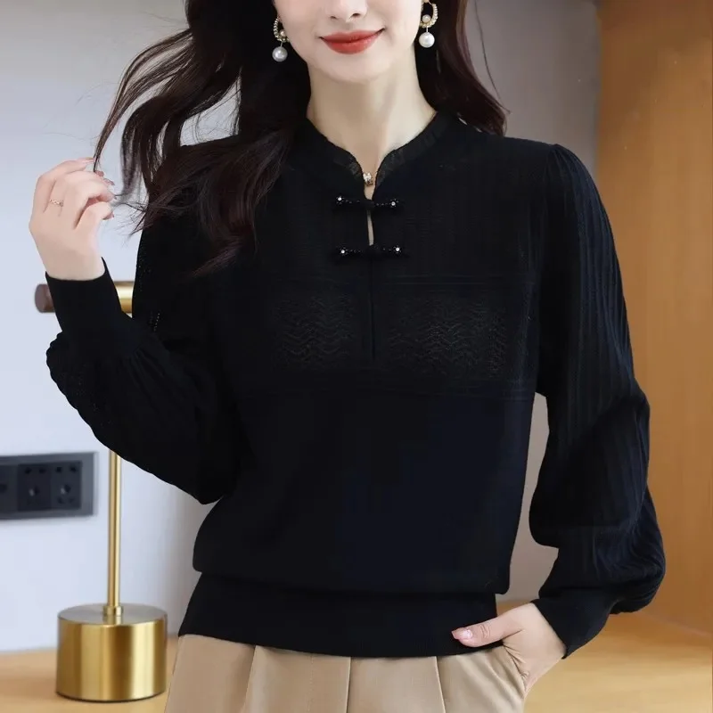 Pullover da donna Solid Ruffles Knit 2024 Autunno e Inverno Abbigliamento donna Vintage Cheongsam Colletto Manica lunga Maglione moda