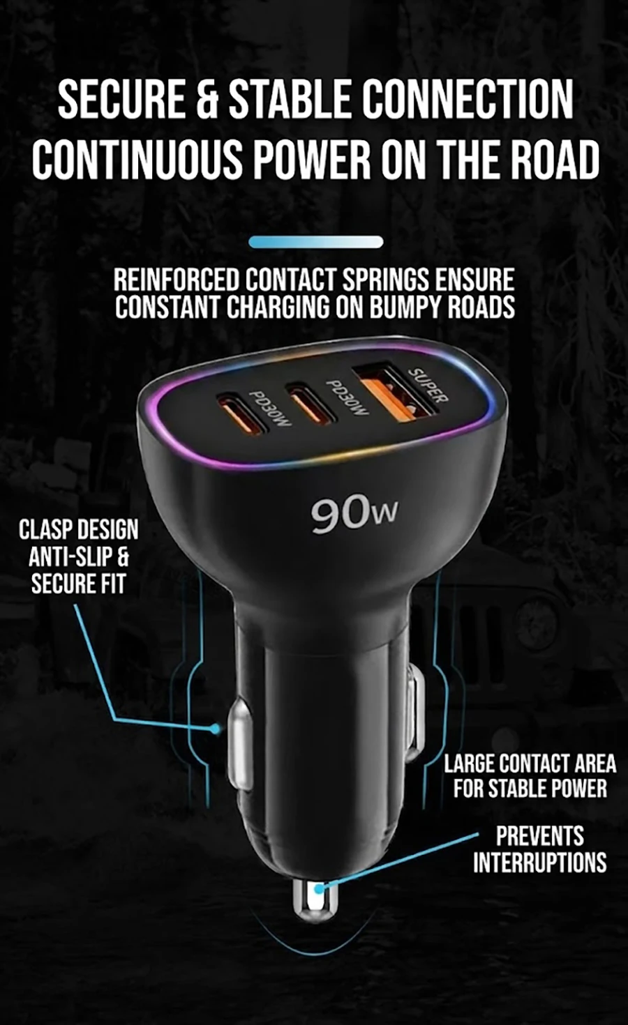 Fast Car Charger 90W 3 Ports Multi USB C PD 30W and USB A QC 30W Automobile Power Adapter with Glowing Ring For Smart Devices