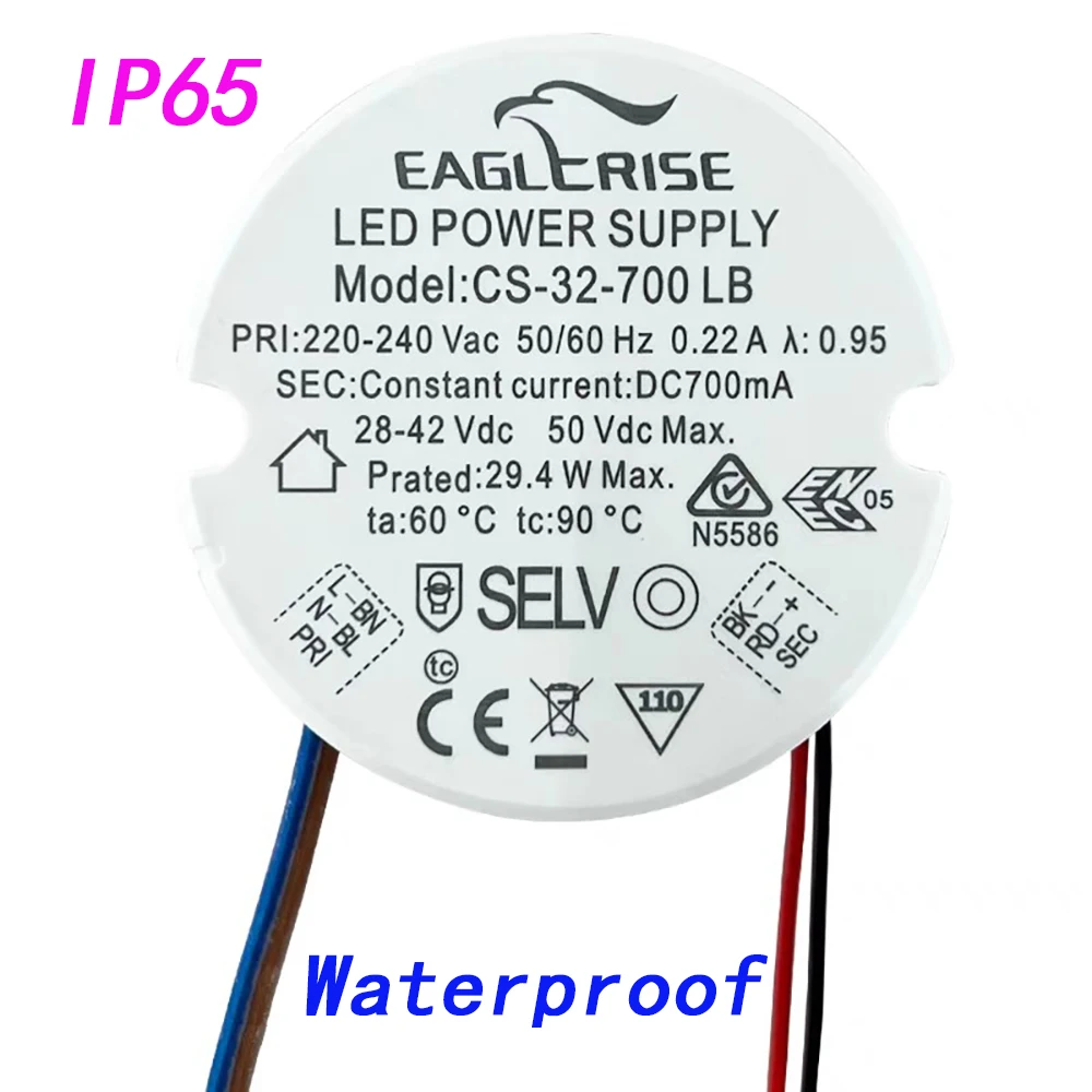 Eaglerise Waterproof No Flicker LED Power Supply 5W-32W 120mA 150mA 350mA 600mA 700mA 800mA AC220-240V High PF Round LED Driver