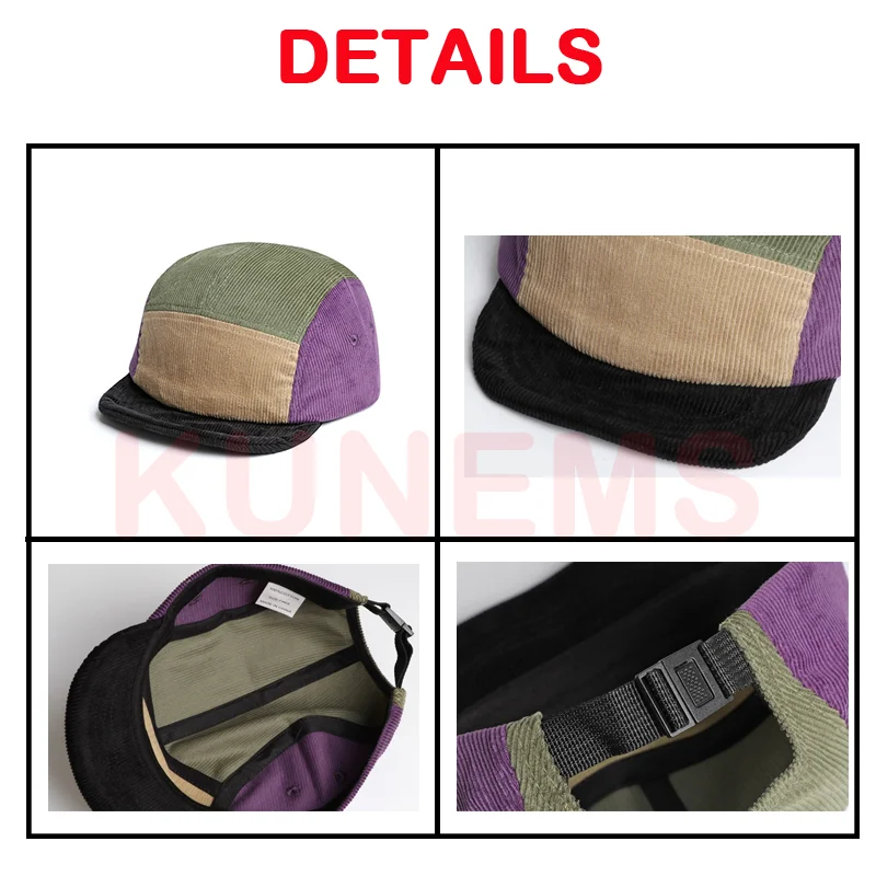 KUNEMS Custom Embroidery Retro Corduroy Short Brim Hat Multicolor Patchwork 5-Panel Cap for Men and Women DIY LOGO Baseball Cap