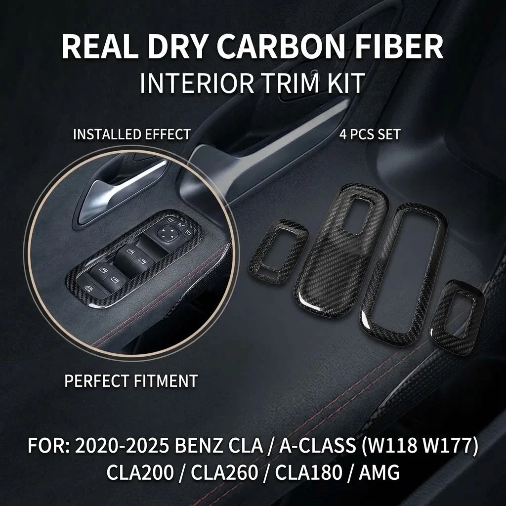 For Mercedes Benz A Class W177 CLA C118 2020 2021 2022 2023 2024 2025 Real Dry Carbon Fiber Window Switch Panel Trim Cover