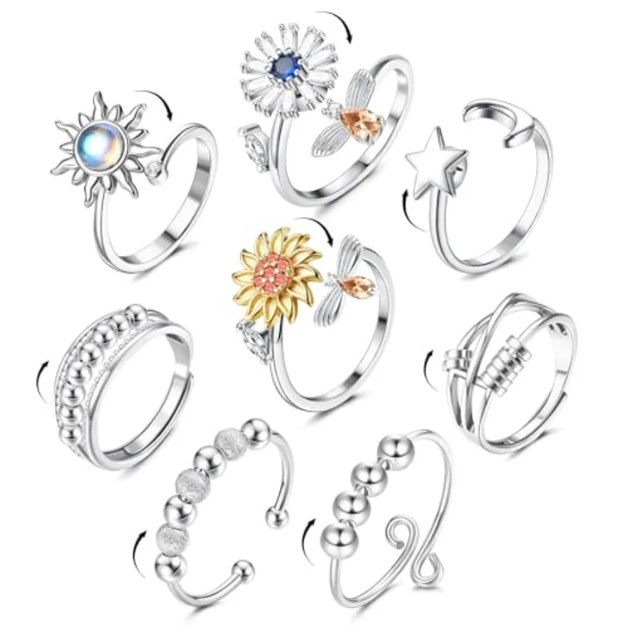 

8 Pcs Fidget Anxiety Rings for Women Men, Spinner Ring for Anxiety Relieving Stress Adjustable Open CZ Flower Moon Star Anti Ro
