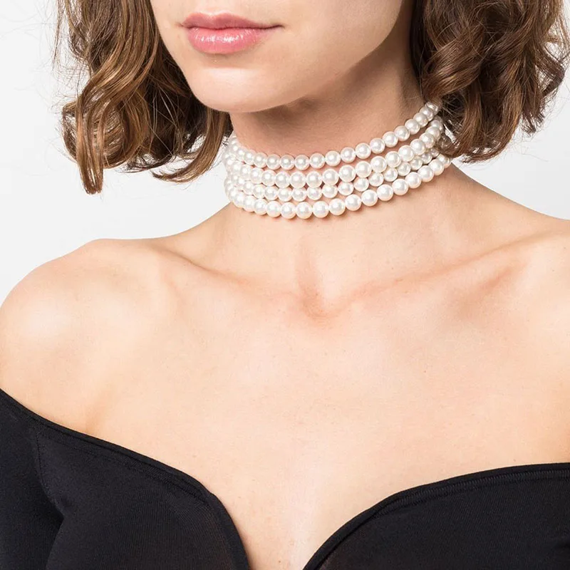 Vintage Multi-Layer White Imitation Pearl Choker Necklace Fashion Simple Short Clavicle Chain Women Party Wedding Bride Jewelry