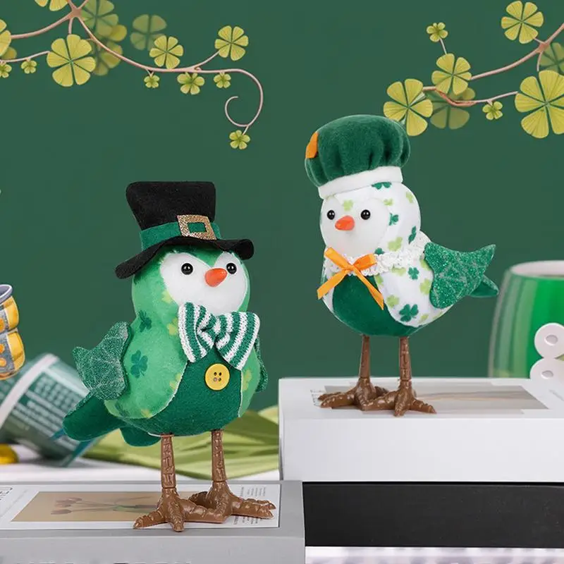 St Patricks Day Bird Decorations Shamrock Bird Statues With Hat Funny Plush Green Irish Birds Table Decoration For Home Studio