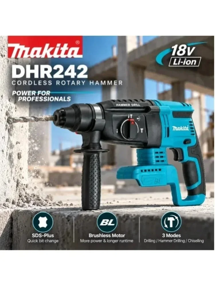 Makita DHR242 18V LXT SDS Plus Bohrhammer, bürstenloser Akku-Bohrhammer, 24 mm Betonkapazität, 4700 IPM 2,0 J, 3-Modus-Profielektrowerkzeug, passend für BL1860B BL1850B BL1815, EU-Lager, schneller