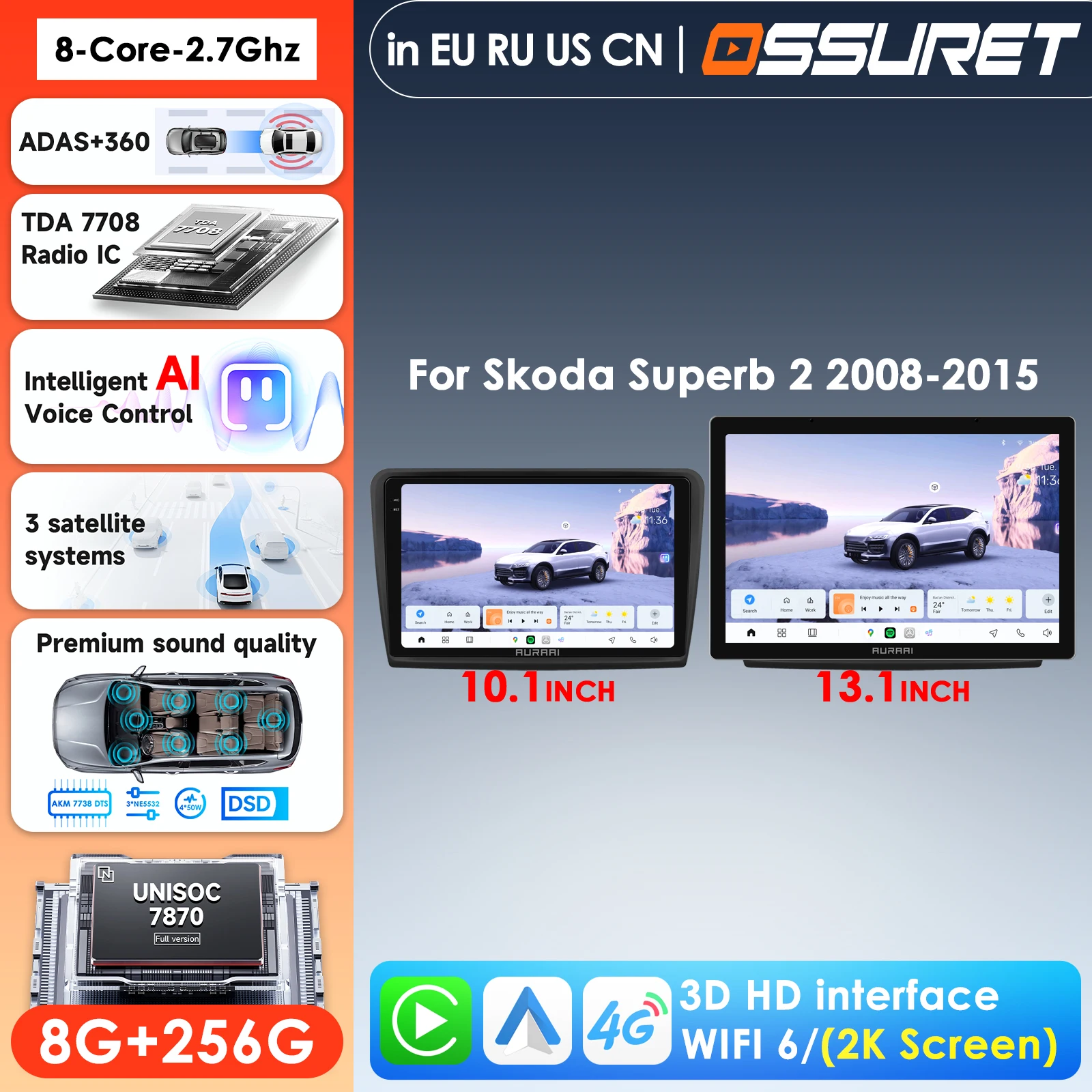 

10.1'' HD 2K экран 7870 Aura AI Intelligent Screen для Skoda Superb 2 B6 2008 - 2015 с Carplay, Android Auto, радио, GPS, ADAS