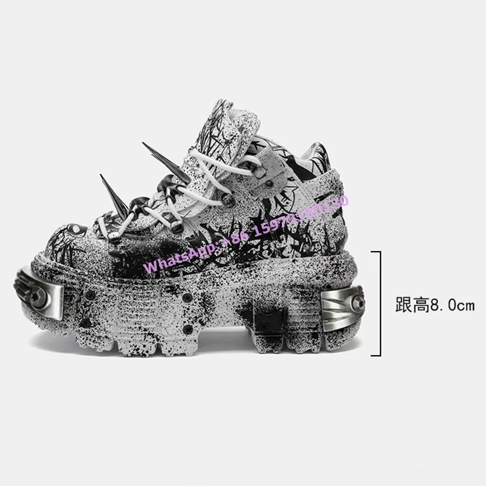 Thick Soled Gray Black Pumps Platform Tank Metal Rock Painting Hotties Shoes 2025 Winter Leather Fashion Winter Leather Shoes