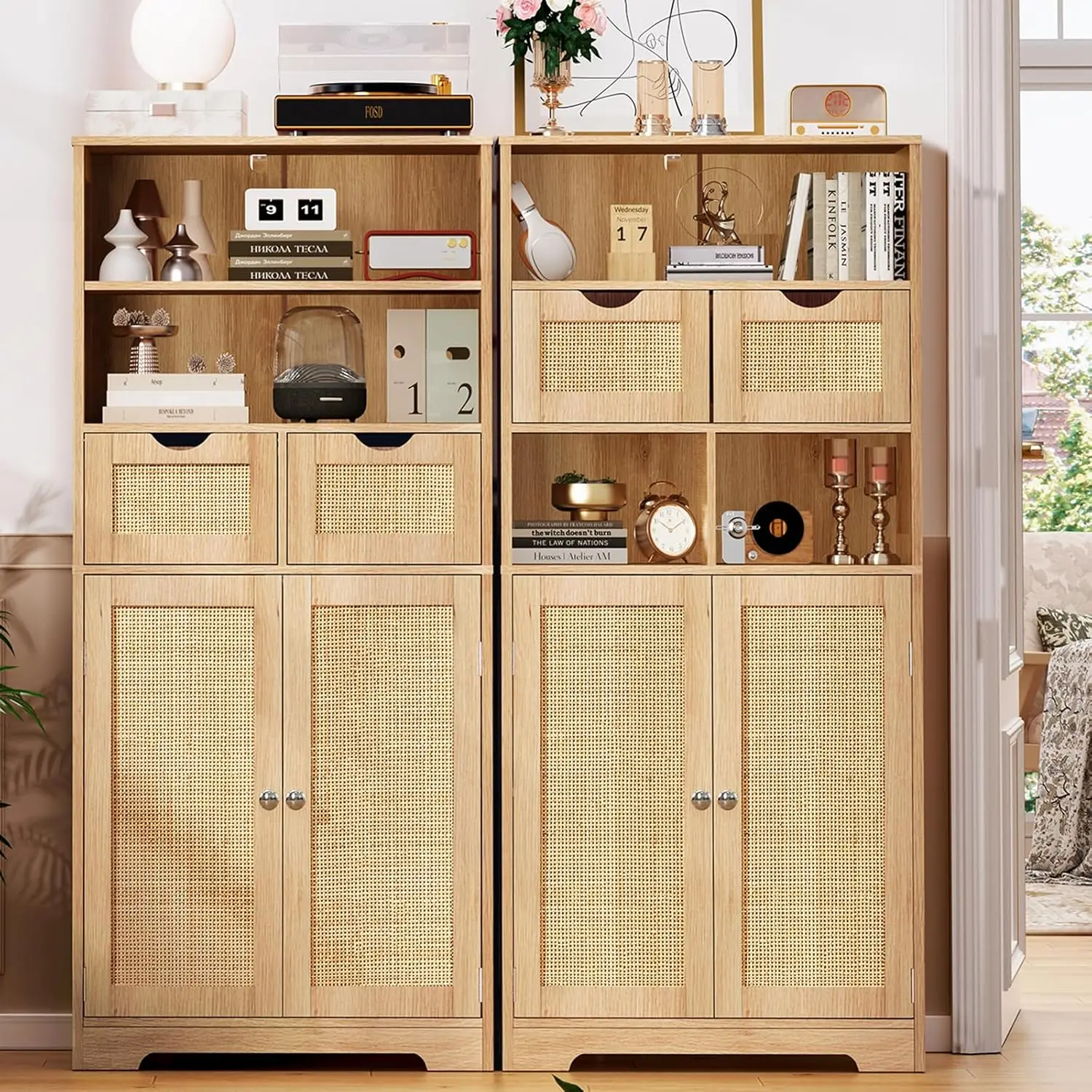 خزانة تخزين طويلة، خزانة الروطان مع درجين ورف قابل للتعديل، كابينة تخزين مخزن المطبخ، خزانة المدخل لـ Li #6