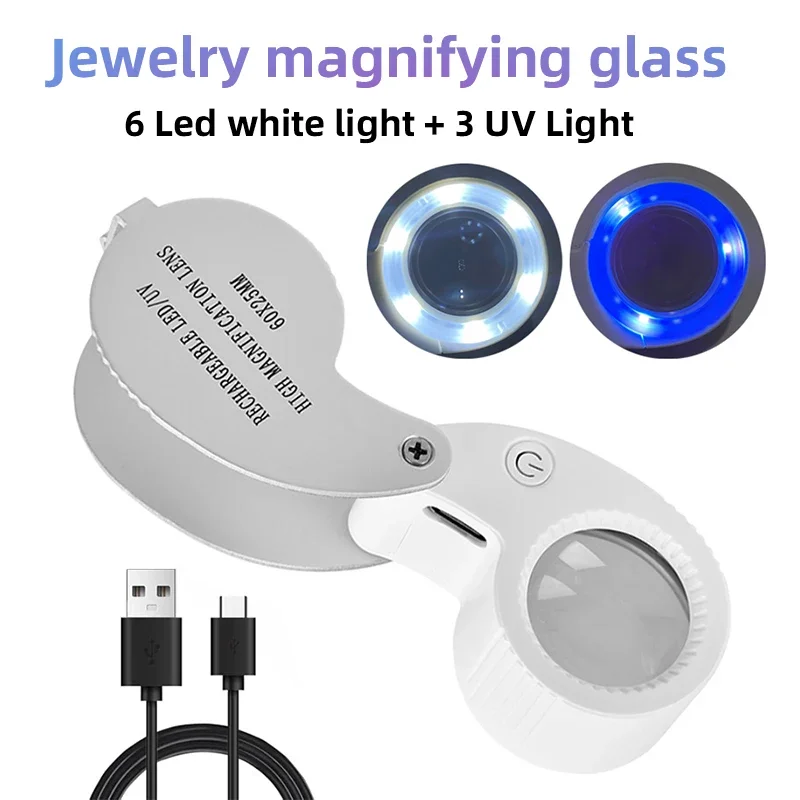 عدسة مكبرة محمولة قابلة للطي 40X 60X، نظارات مكبرة مع 9 مصابيح LED، عدسة مجوهرات مكبرة مضيئة لطوابع العملات المعدنية العتيقة