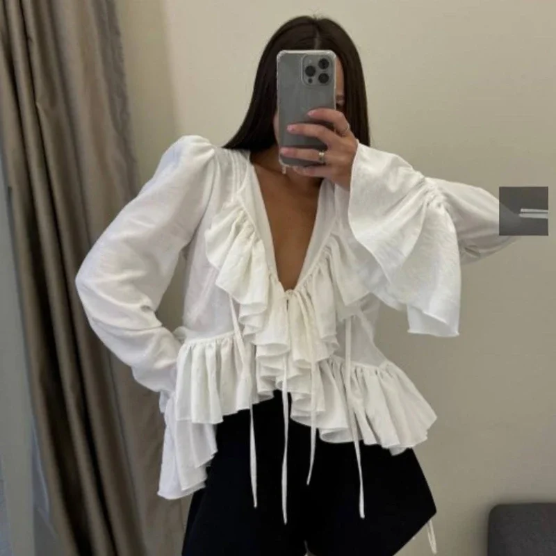 

Women's clothing 2026 spring new design ruffle edge horn sleeve lace-up top versatile shirt