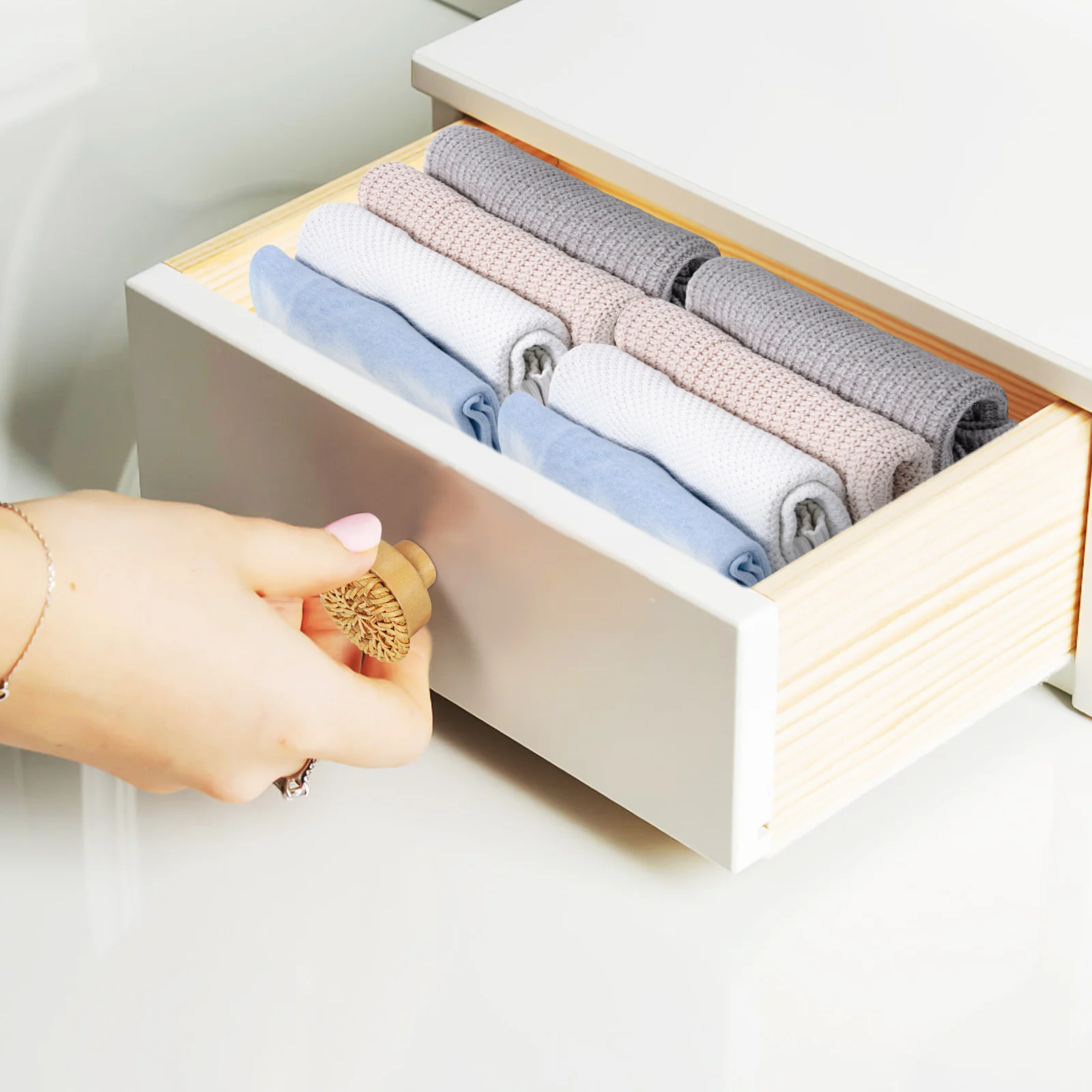 

8 pcs Solid Wood Rattan Drawer Knobs Boho Cabinet Handles For Dresser Cupboard Pulls Furniture Hardware Rattan Decor