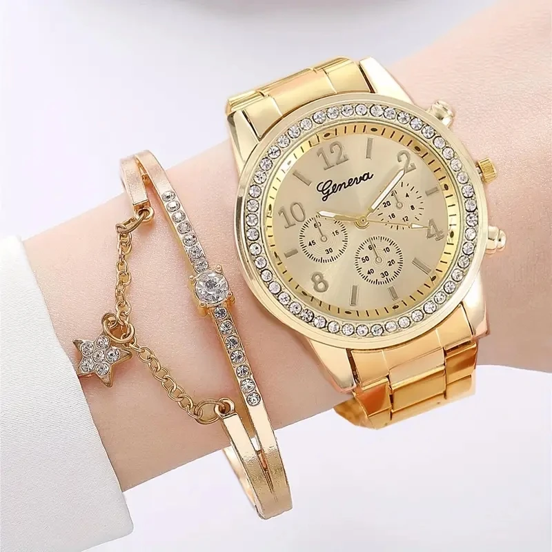 2pcs Luxury Women Diamond Watches Hip Hop Bracelet Ladies Quartz Watch Rose Gold Womens Wristwatch Shiny Crystal Reloj Mujer