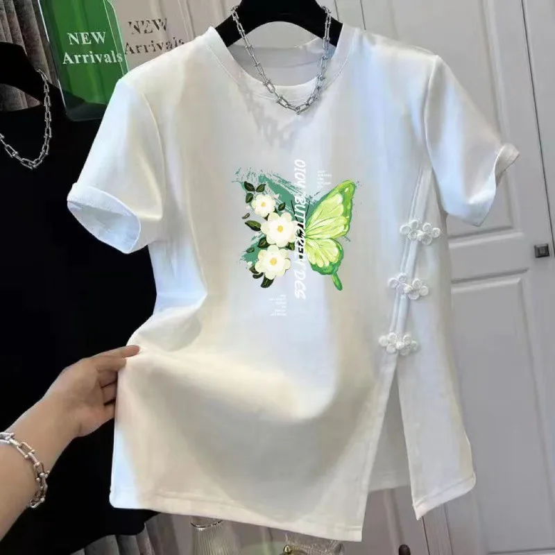 Kurz ärmel ige Damen Sommer Baumwolle unregelmäßige Schnalle chinesische Split T-Shirt Top Spleißen Damen bekleidung