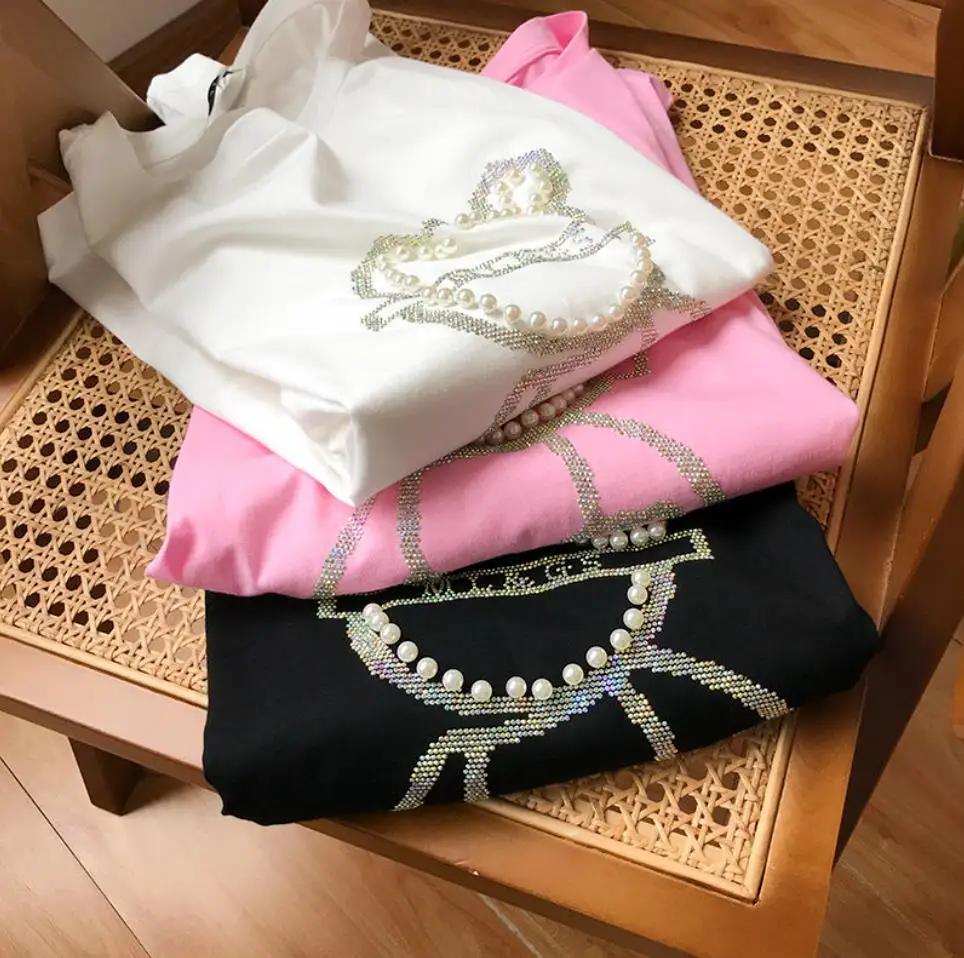 Buckle Green Bear Beading T-shirt Heavy Handmade Diomand Shiny Bowknot Embroidery T Shirt Summer Tees Top Accessories Clothes