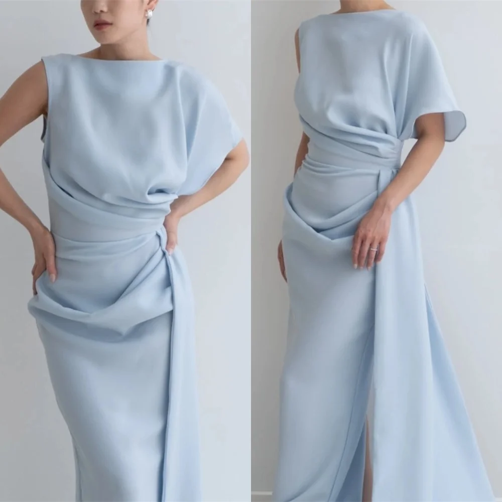

Customized Elegant Blue Jersey Evening Dresses Exquisite O-Neck Half Sleeves Homecoming Dresses Luxury Special Occasion Gowns