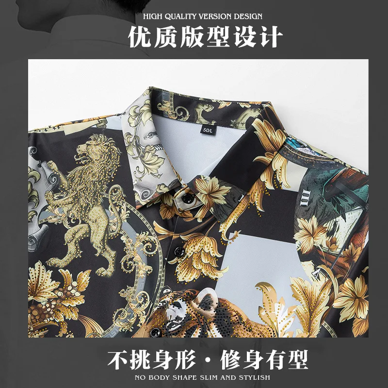 Luxury Rhinestone Shirt for Men Printed High-quality Long Sleeved Casual Shirts Social Party Business Social Dress Shirt 2025