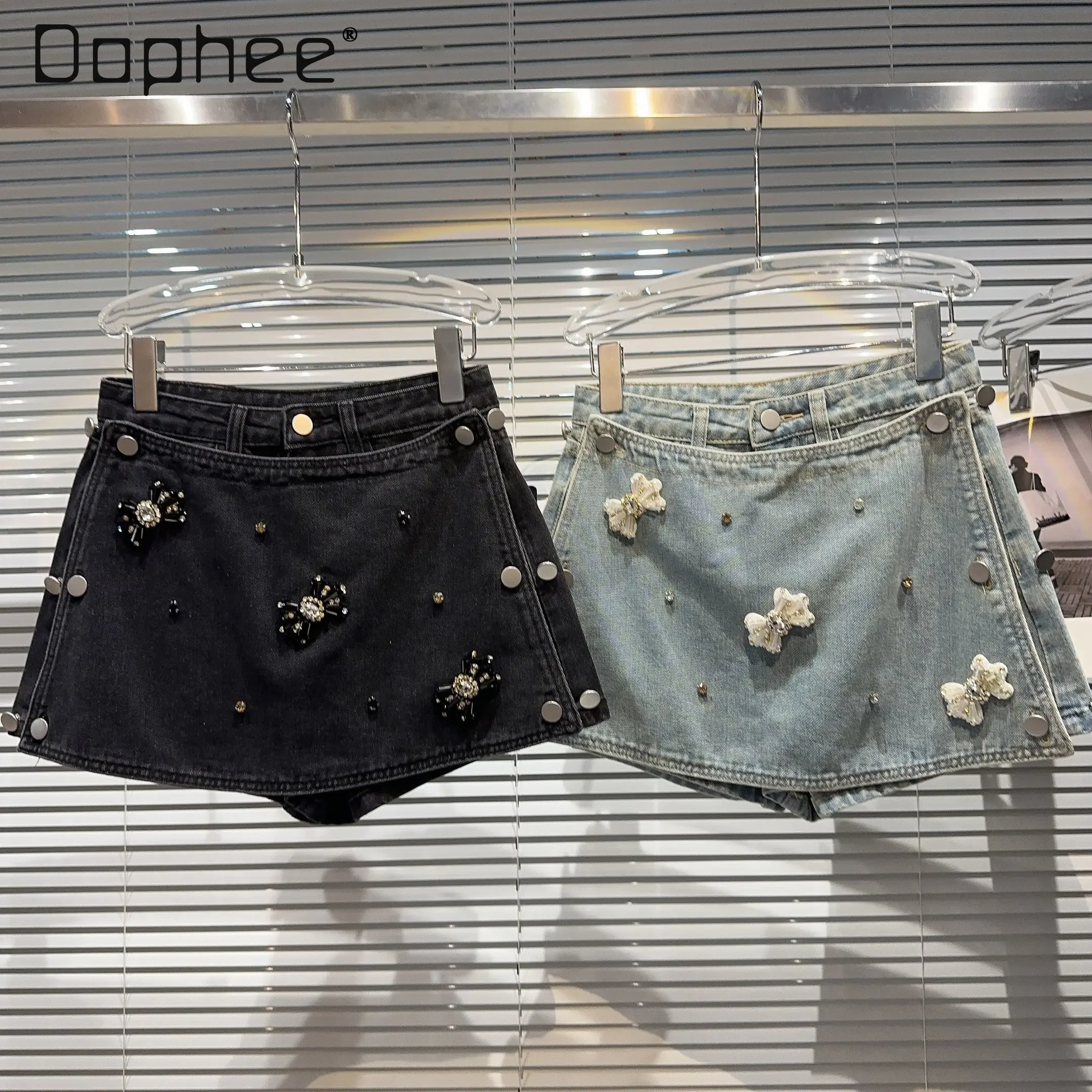 

Rhinestone 3d Bow Denim Skirt Button Detachable A Line Short Skirt Wide Leg Shorts Casual Sweet Korean Style Street Fashion