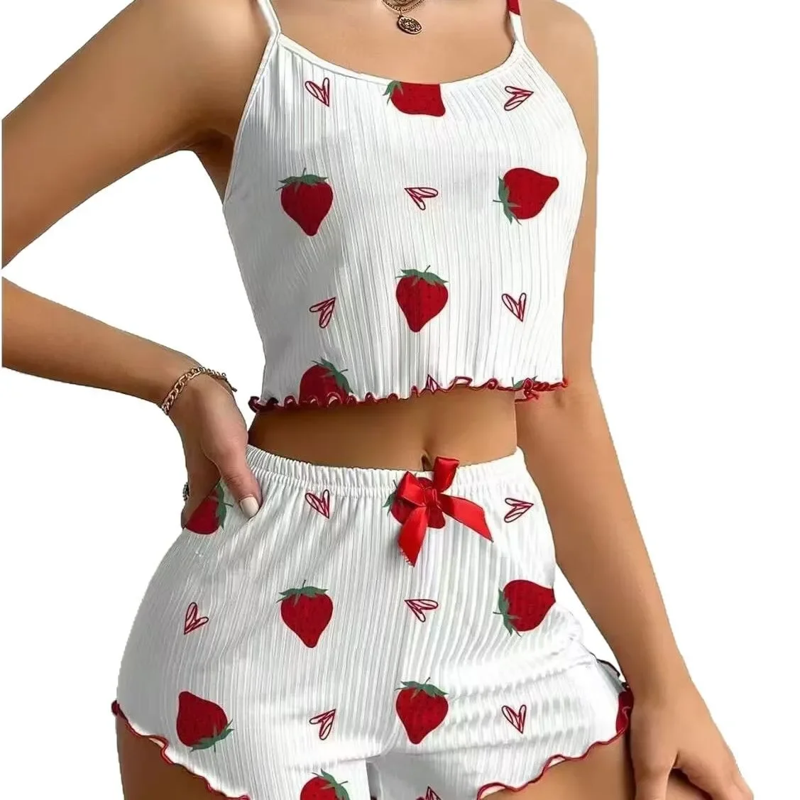 

Strawberry Print Pajama Suit New Suspender Shorts Sexy Milk Silk Suit Comfortable Home Wear Women's Sleepwear Soft Casual 2PCS