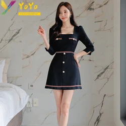 Formal Dark Blue Square Collar 3/4 Sleeve A-line Short Dress Women Office 2023 Autumn Korean Elegant Slim Bodycon Party Dress