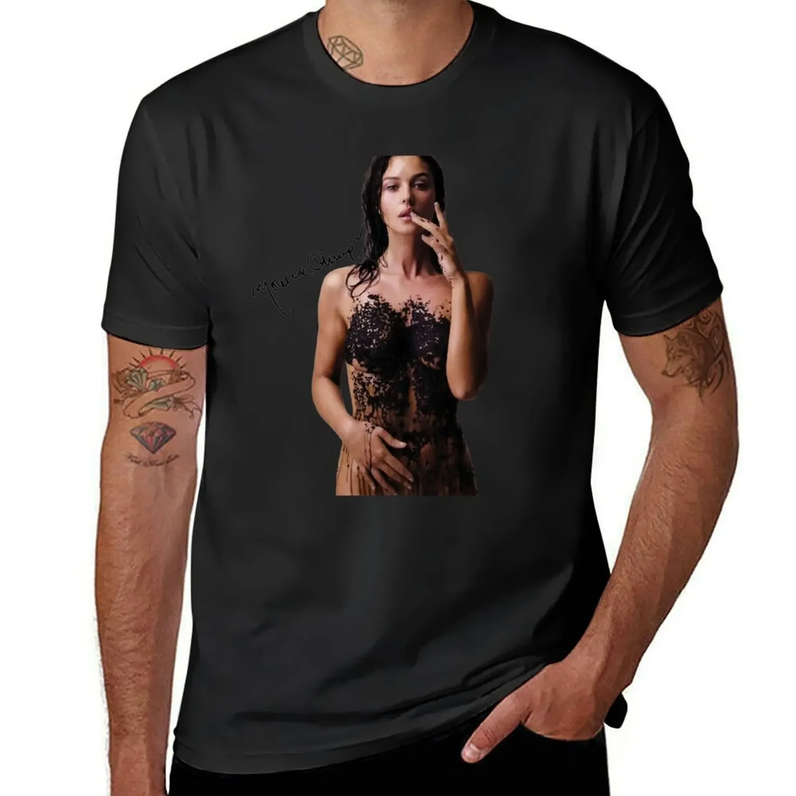 Monica Bellucci covered with black caviar T-Shirt cute tops anime clothes vintage t shirts shirts men