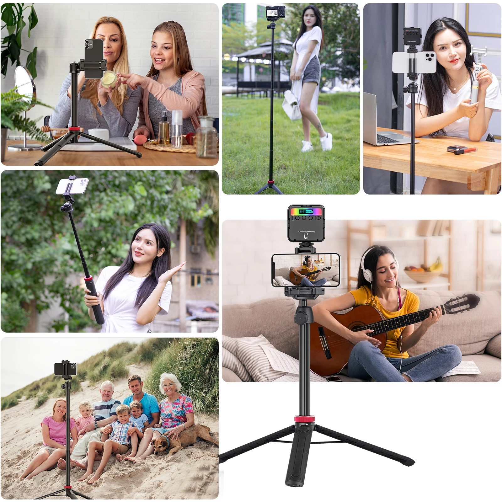 Mini Tripod Stand MT-44 Portable Selfie Stick Rotatable Ball Head QR Plate Phone Clip Payload 1.5kg for Smartphone Camera