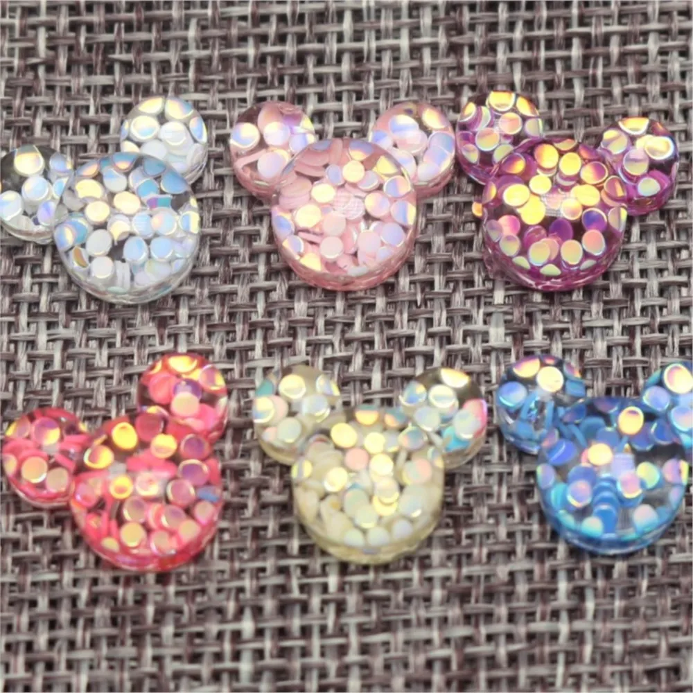 50 Mixed Color Flatback Resin Glitter Crystal Mouse Face Cabachons 15X13mm