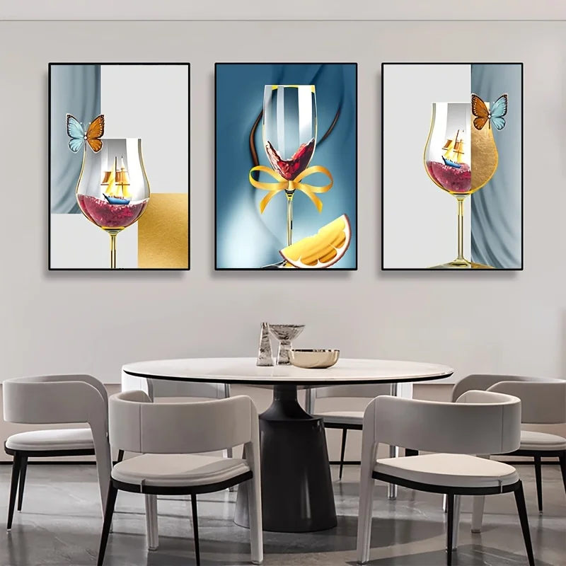 （NoFranme 3PCS）-3pcs Modern Abstract Golden Goblets Canvas Painting, Sailboat Butterfly Poster and Prints Luxury Restaurant W